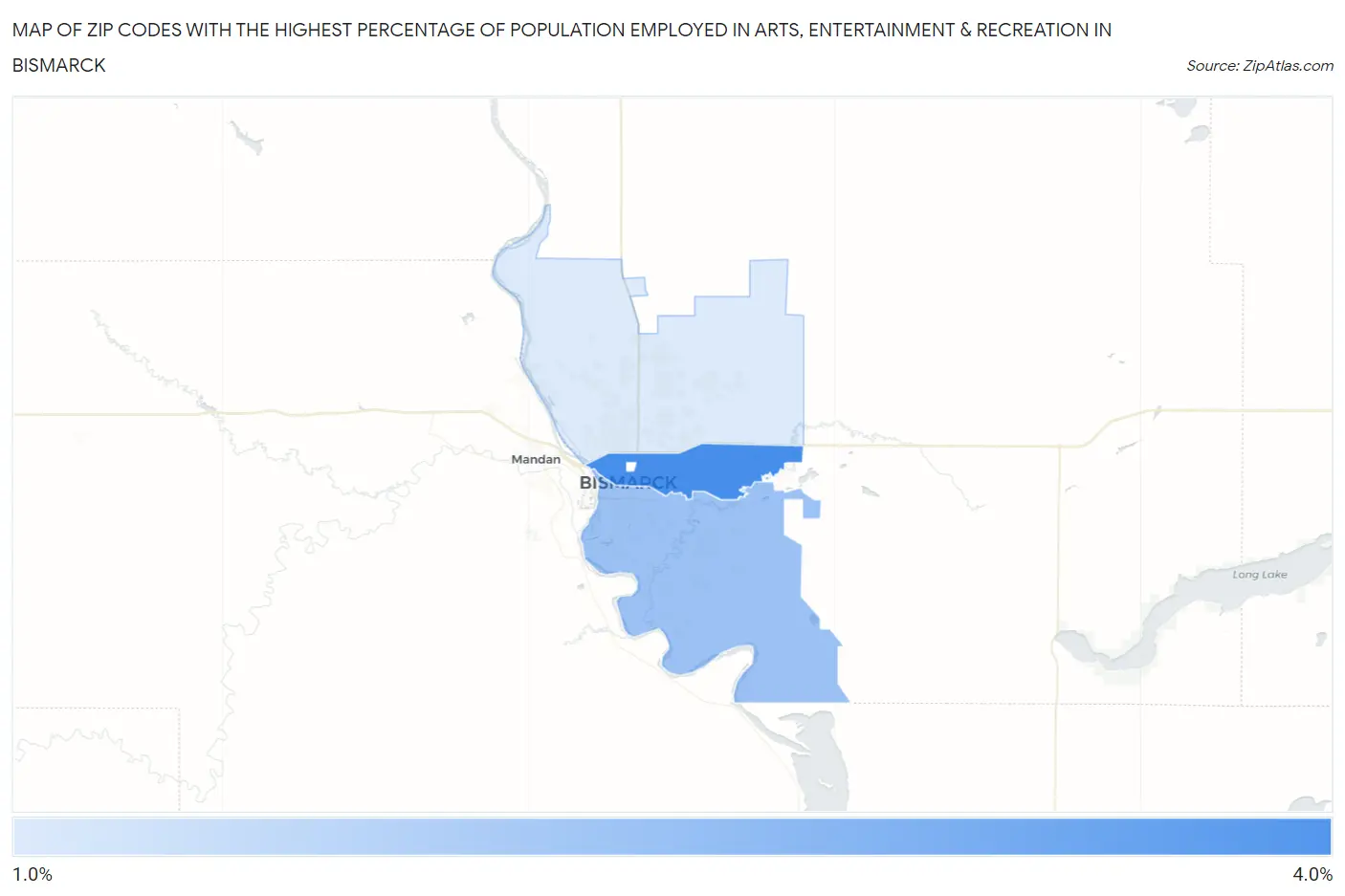 Zip Codes with the Highest Percentage of Population Employed in Arts, Entertainment & Recreation in Bismarck Map