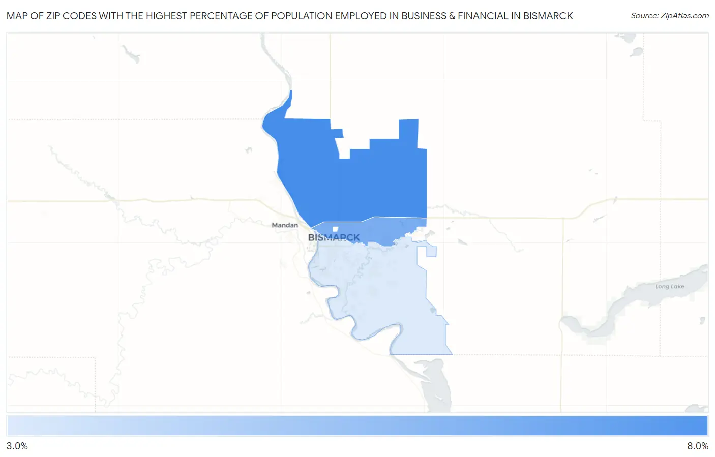Zip Codes with the Highest Percentage of Population Employed in Business & Financial in Bismarck Map