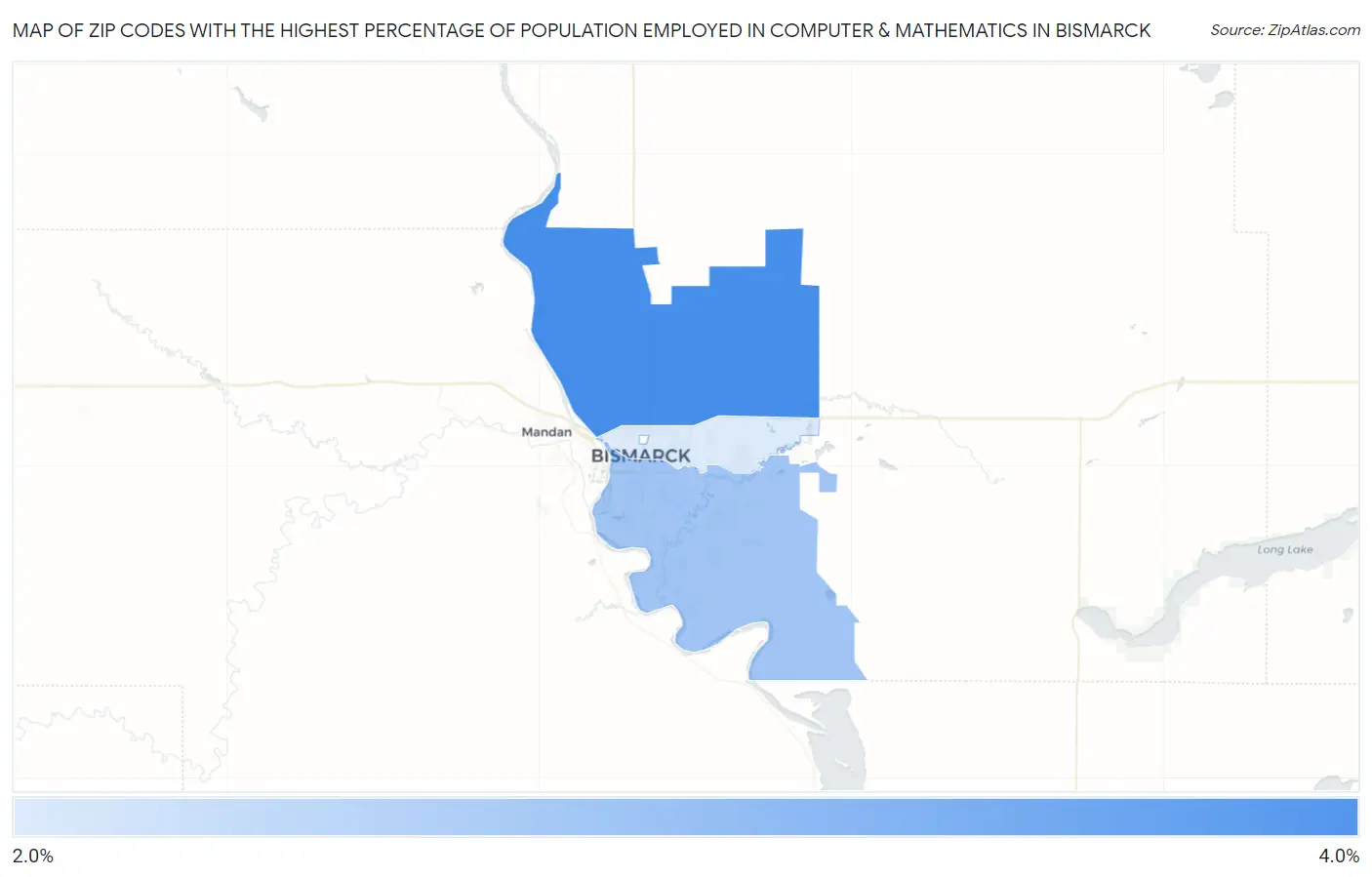 Zip Codes with the Highest Percentage of Population Employed in Computer & Mathematics in Bismarck Map
