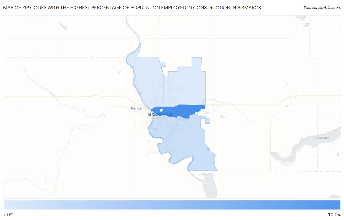 Zip Codes with the Highest Percentage of Population Employed in Construction in Bismarck Map