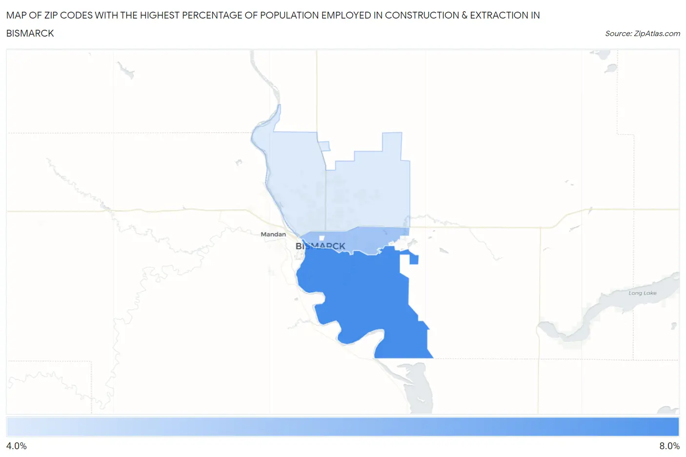 Zip Codes with the Highest Percentage of Population Employed in Construction & Extraction in Bismarck Map