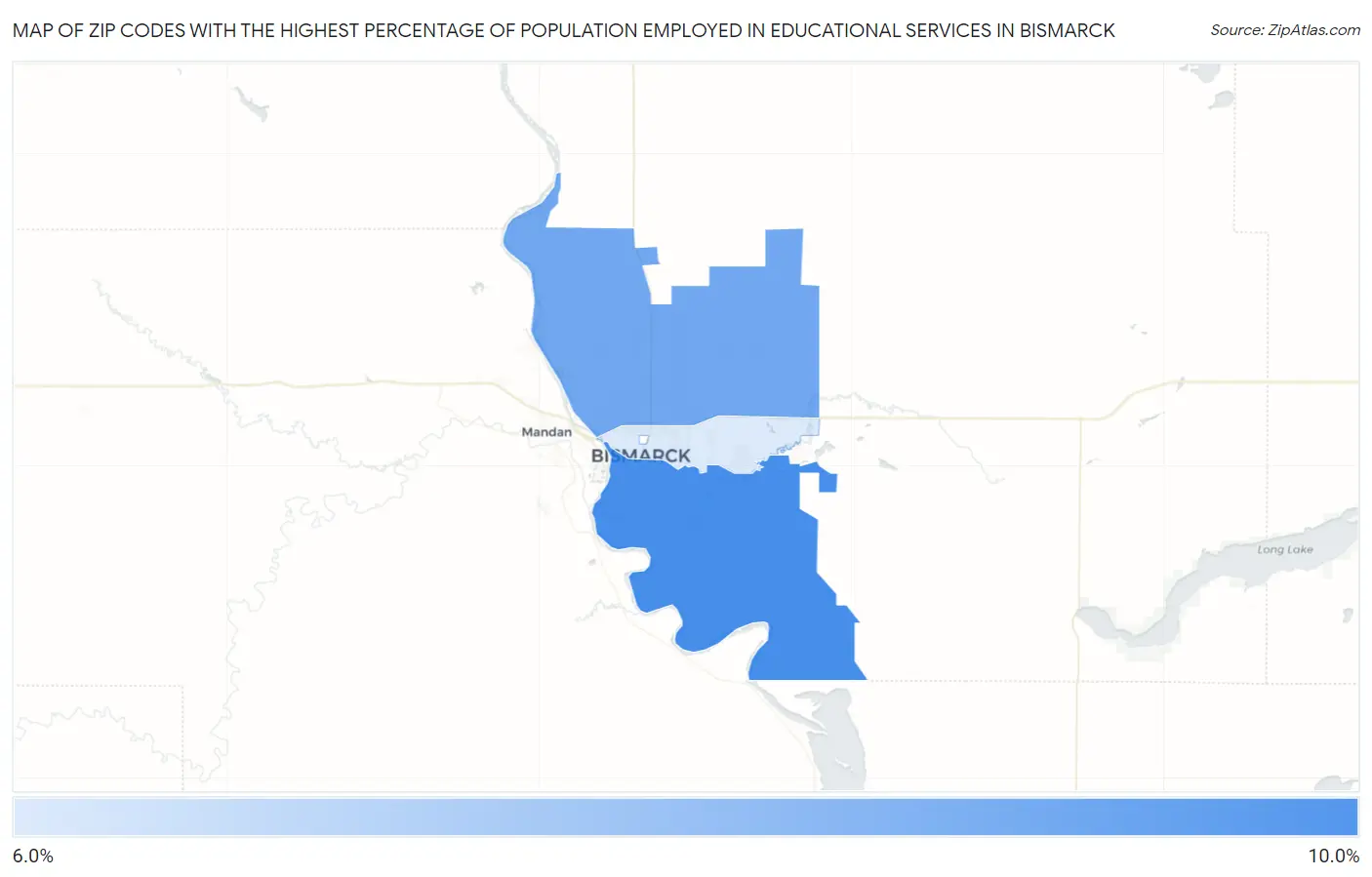 Zip Codes with the Highest Percentage of Population Employed in Educational Services in Bismarck Map