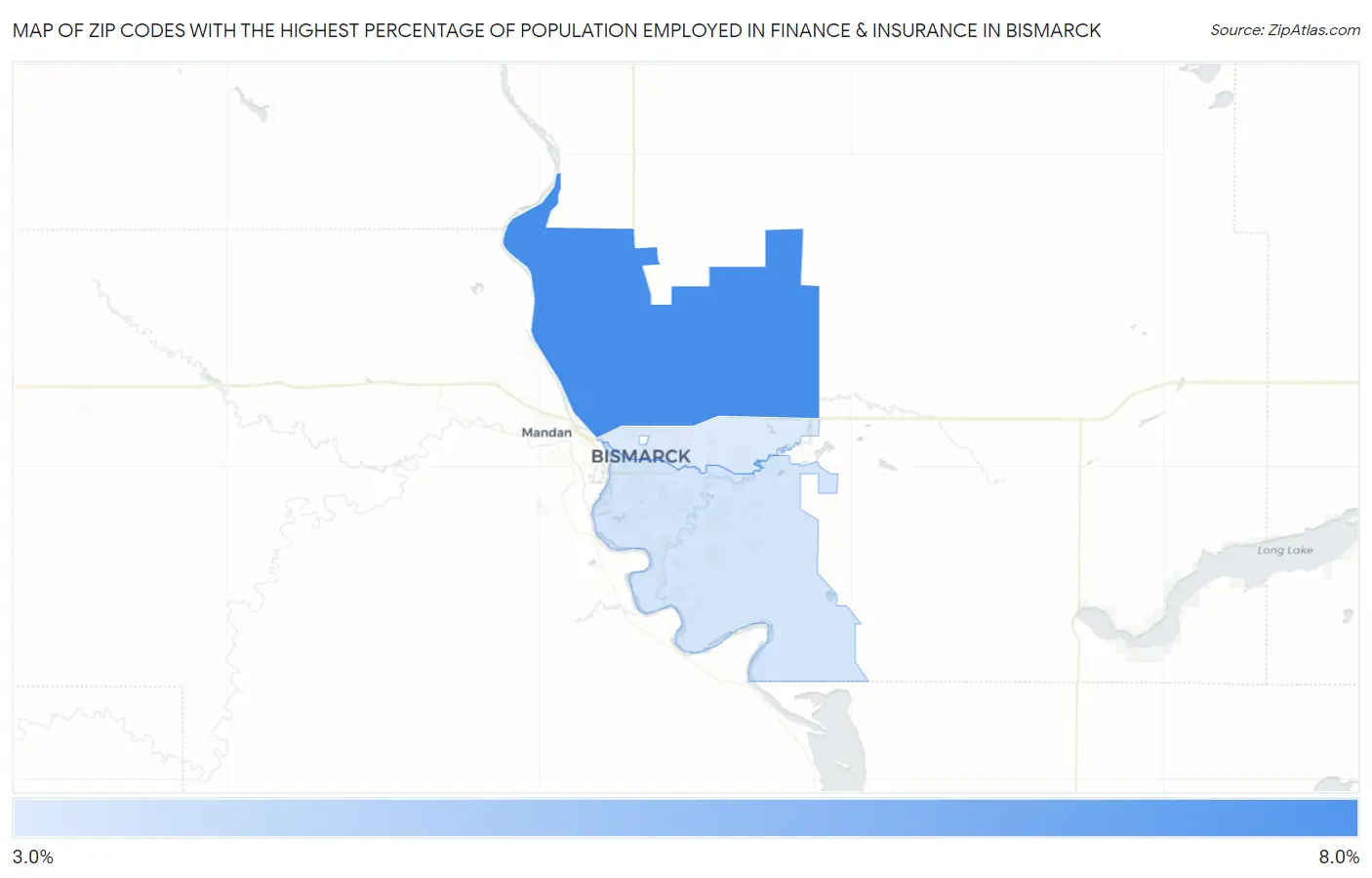 Zip Codes with the Highest Percentage of Population Employed in Finance & Insurance in Bismarck Map
