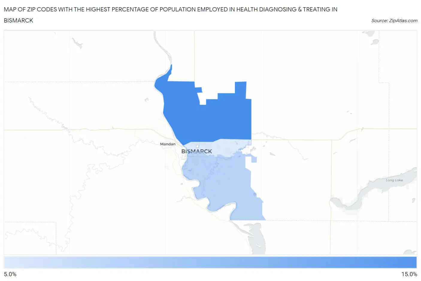 Zip Codes with the Highest Percentage of Population Employed in Health Diagnosing & Treating in Bismarck Map