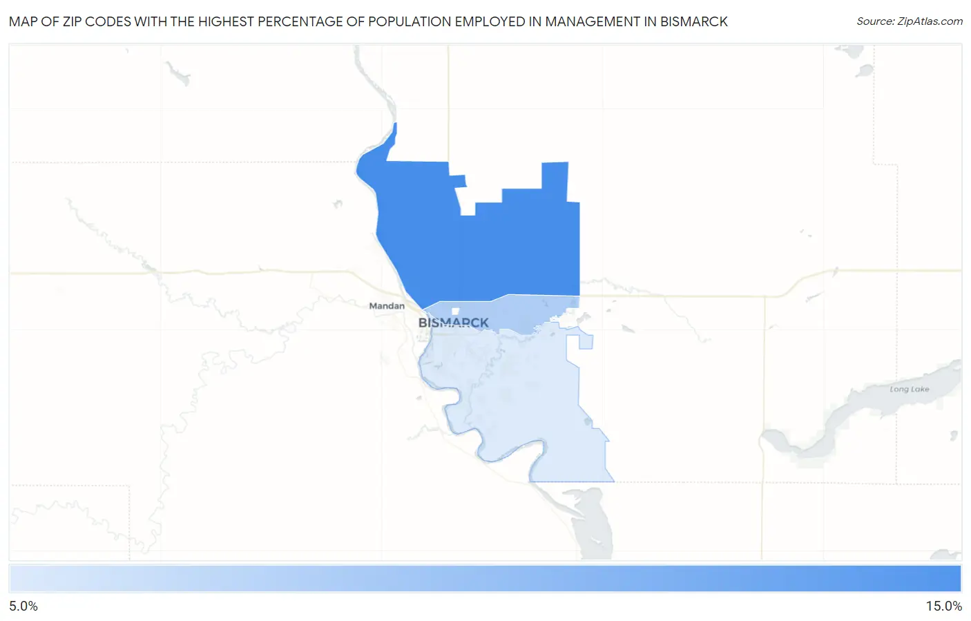 Zip Codes with the Highest Percentage of Population Employed in Management in Bismarck Map