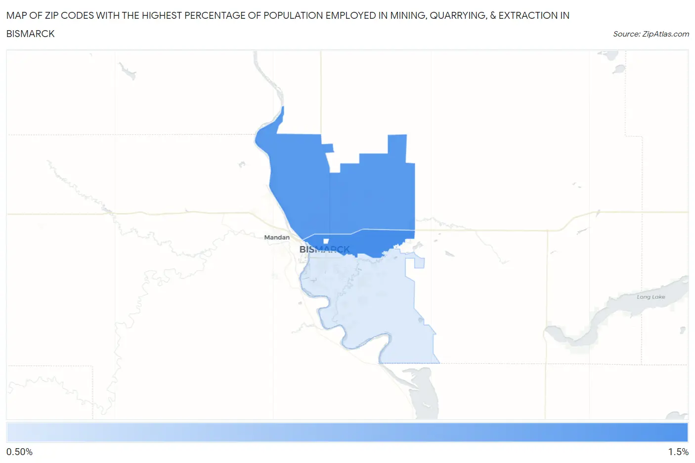 Zip Codes with the Highest Percentage of Population Employed in Mining, Quarrying, & Extraction in Bismarck Map