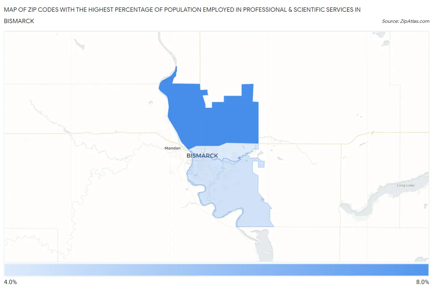 Zip Codes with the Highest Percentage of Population Employed in Professional & Scientific Services in Bismarck Map