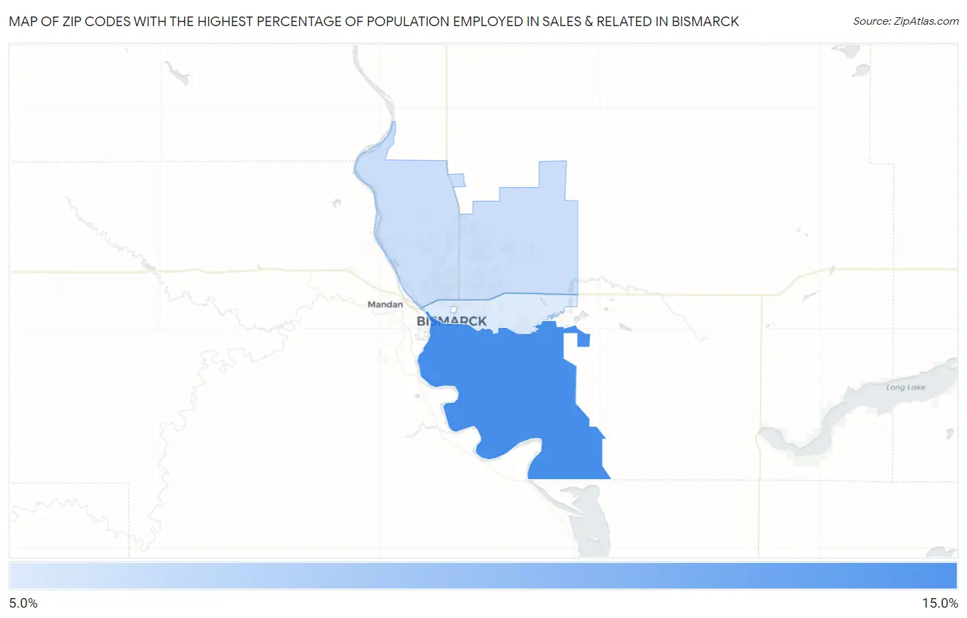 Zip Codes with the Highest Percentage of Population Employed in Sales & Related in Bismarck Map