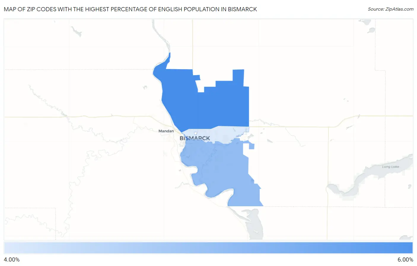 Zip Codes with the Highest Percentage of English Population in Bismarck Map