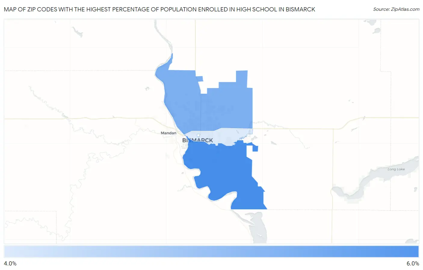 Zip Codes with the Highest Percentage of Population Enrolled in High School in Bismarck Map
