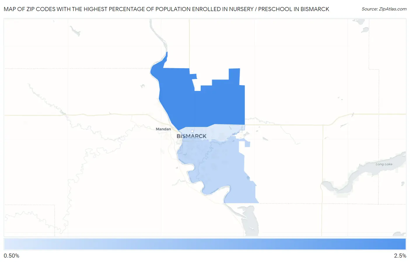 Zip Codes with the Highest Percentage of Population Enrolled in Nursery / Preschool in Bismarck Map