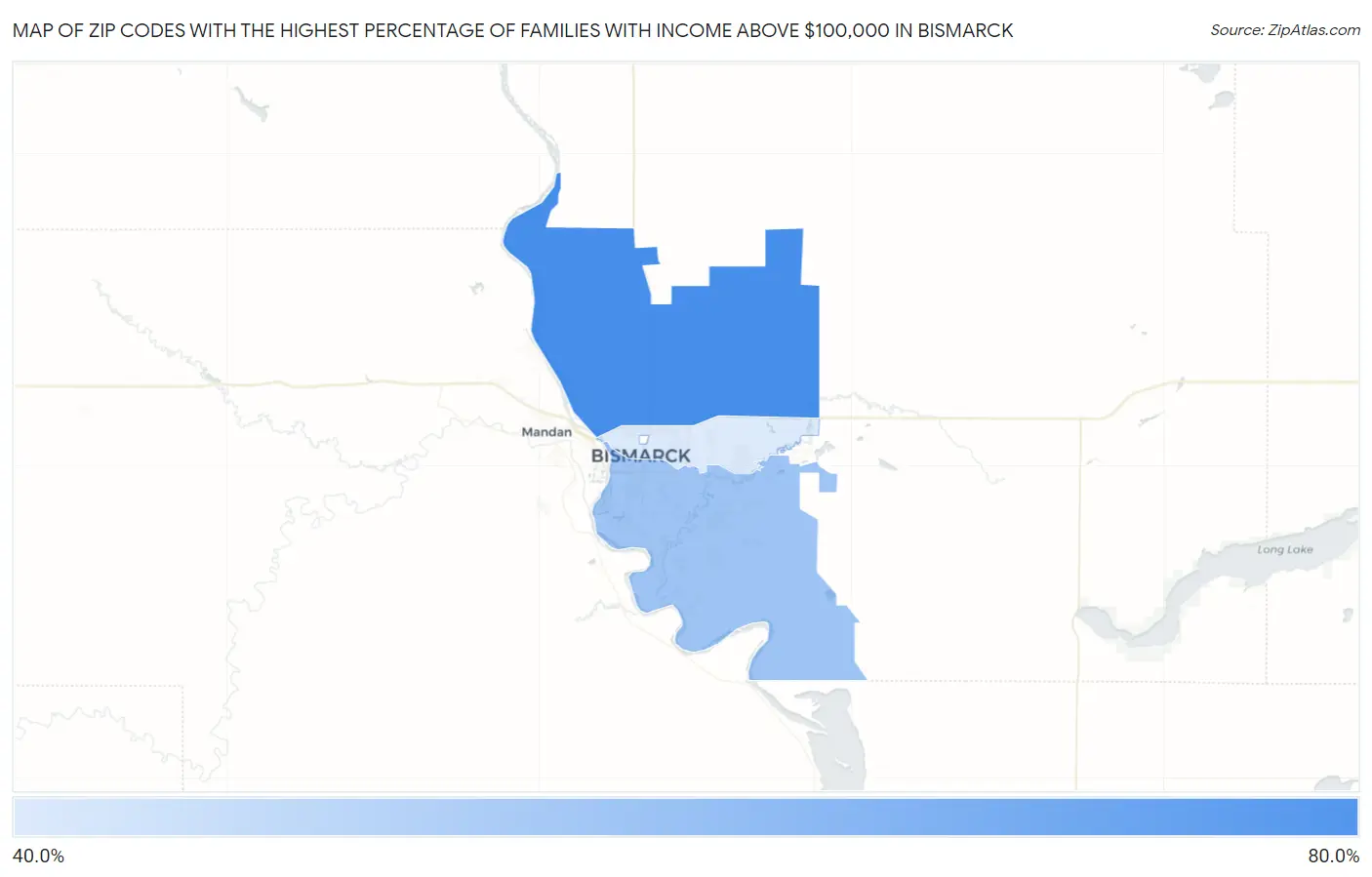Zip Codes with the Highest Percentage of Families with Income Above $100,000 in Bismarck Map