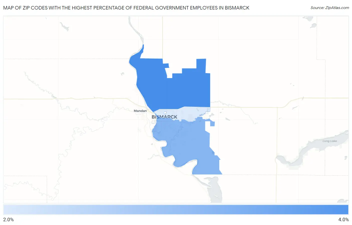 Zip Codes with the Highest Percentage of Federal Government Employees in Bismarck Map