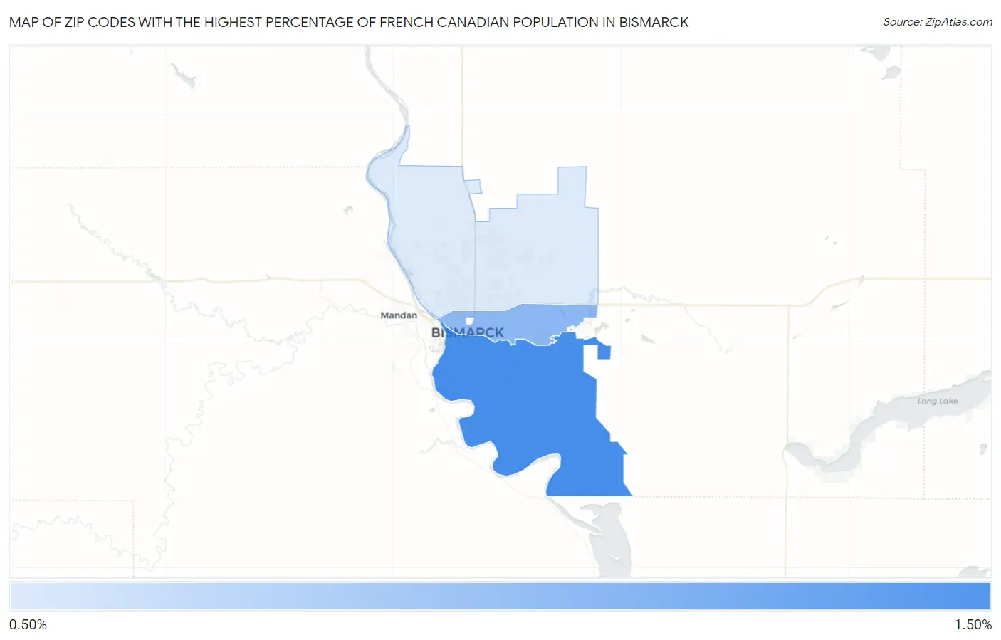 Zip Codes with the Highest Percentage of French Canadian Population in Bismarck Map