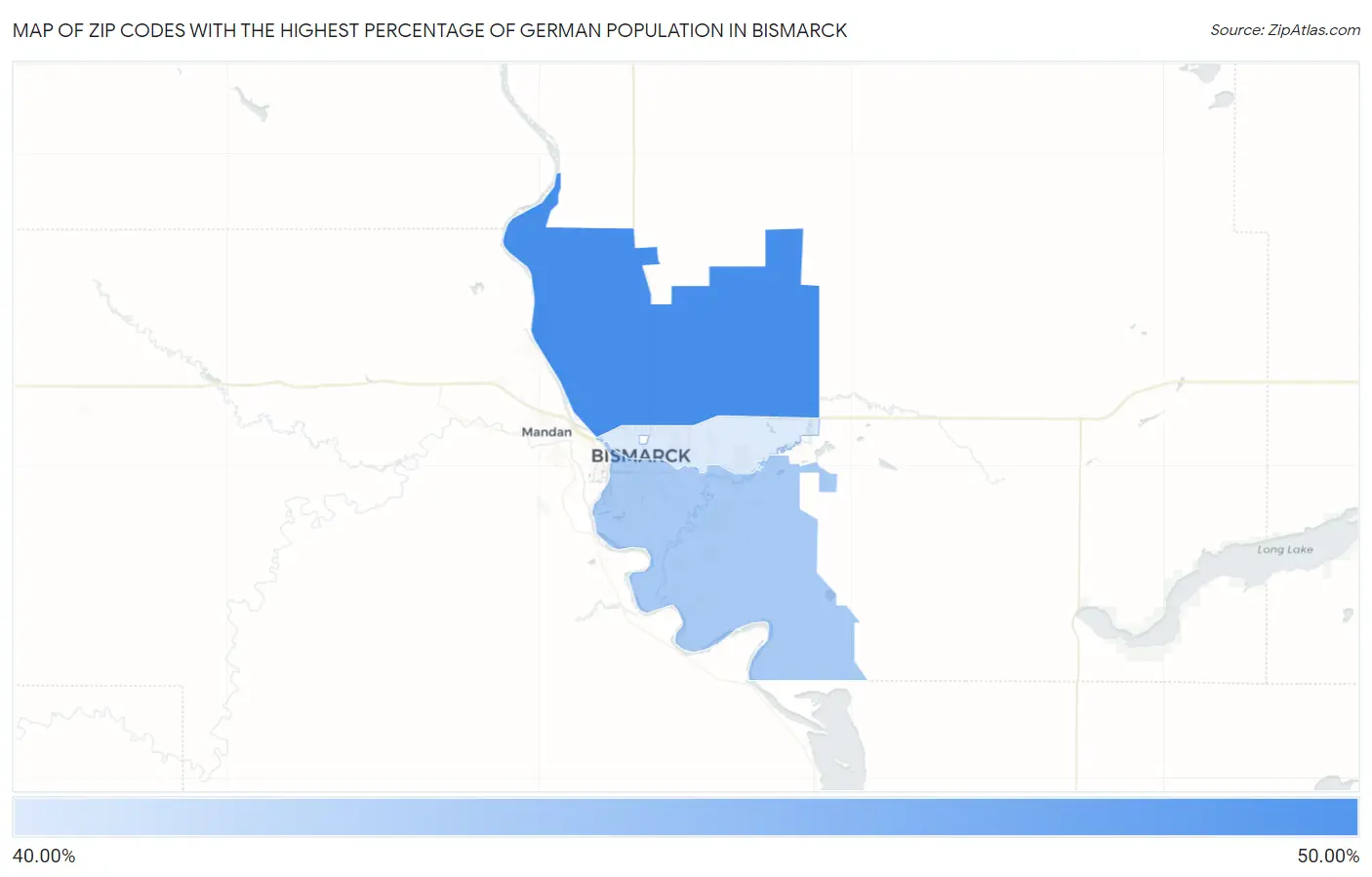 Zip Codes with the Highest Percentage of German Population in Bismarck Map