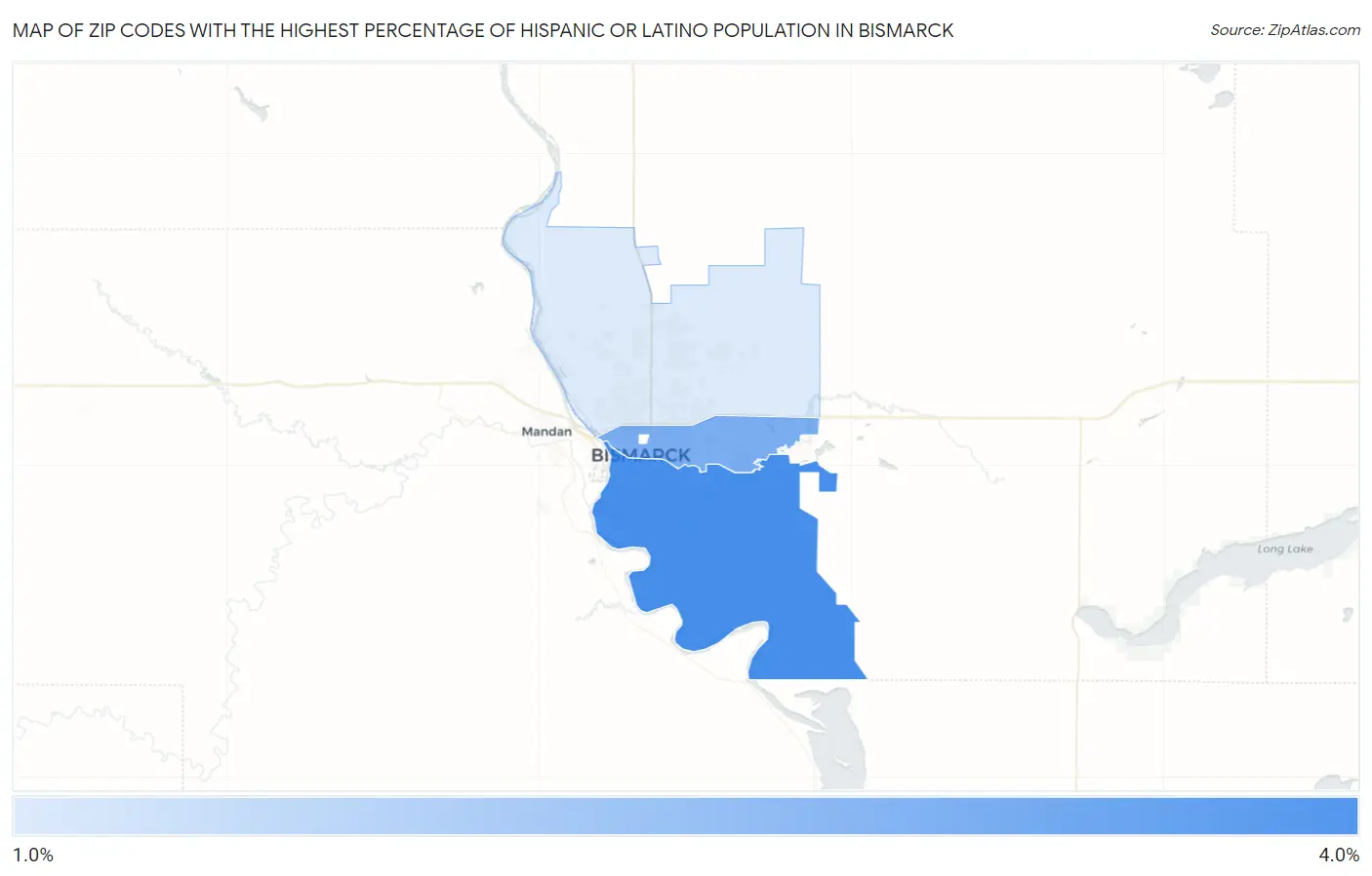 Zip Codes with the Highest Percentage of Hispanic or Latino Population in Bismarck Map