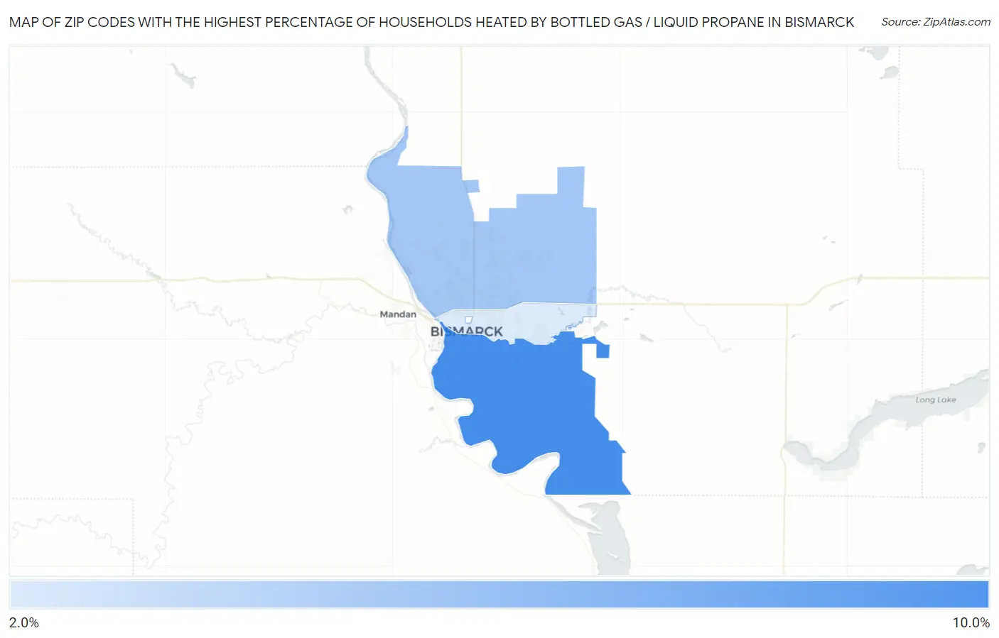 Zip Codes with the Highest Percentage of Households Heated by Bottled Gas / Liquid Propane in Bismarck Map