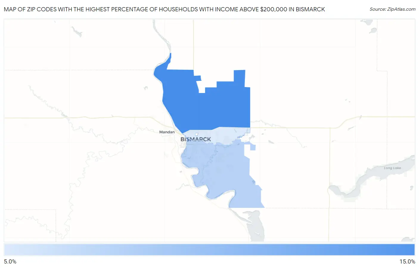 Zip Codes with the Highest Percentage of Households with Income Above $200,000 in Bismarck Map