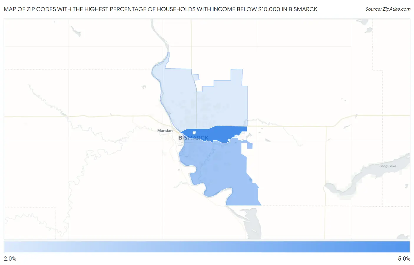 Zip Codes with the Highest Percentage of Households with Income Below $10,000 in Bismarck Map