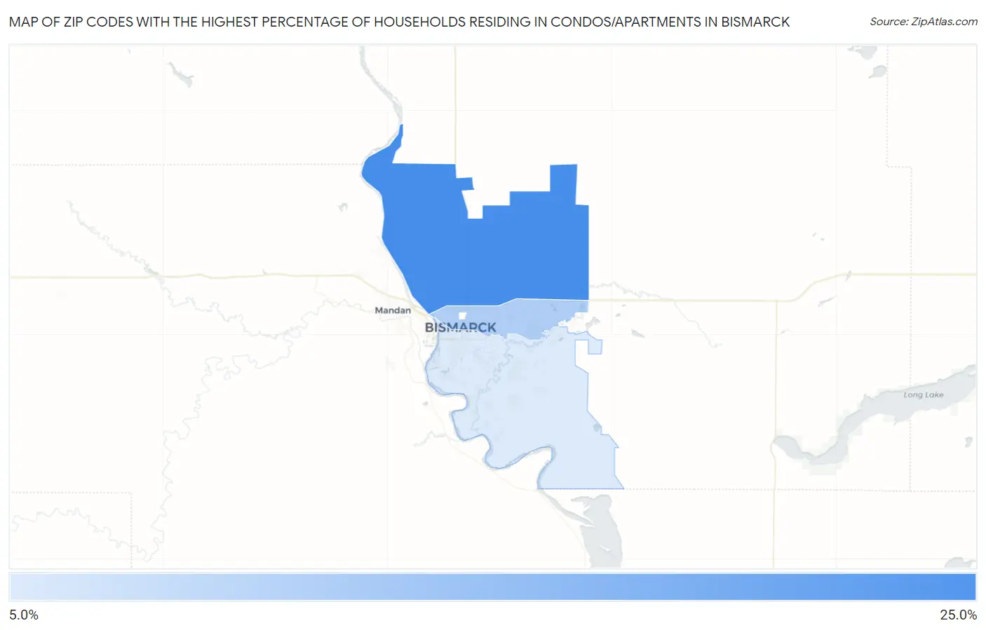 Zip Codes with the Highest Percentage of Households Residing in Condos/Apartments in Bismarck Map