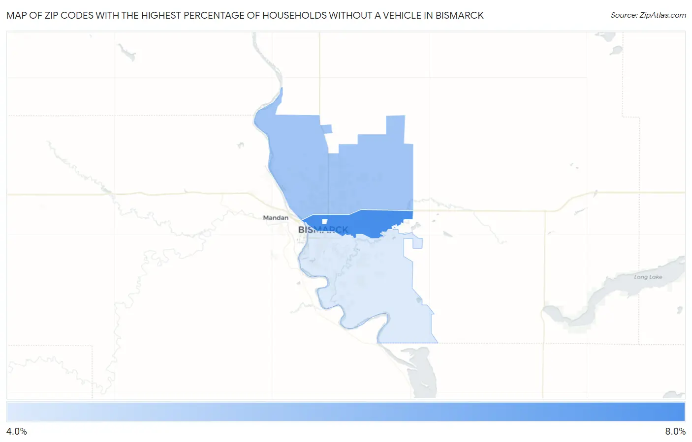 Zip Codes with the Highest Percentage of Households Without a Vehicle in Bismarck Map