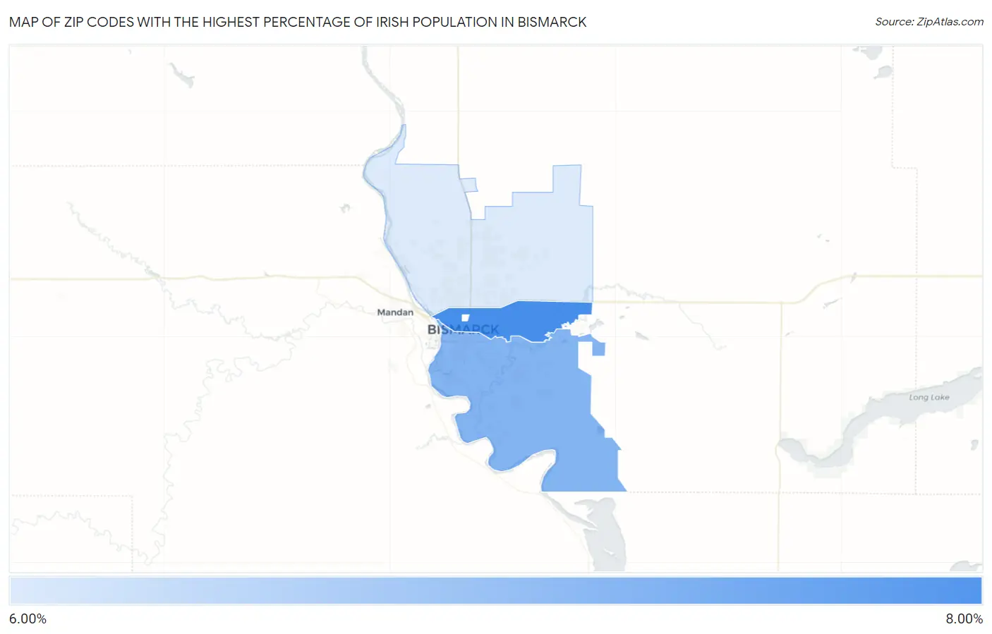 Zip Codes with the Highest Percentage of Irish Population in Bismarck Map