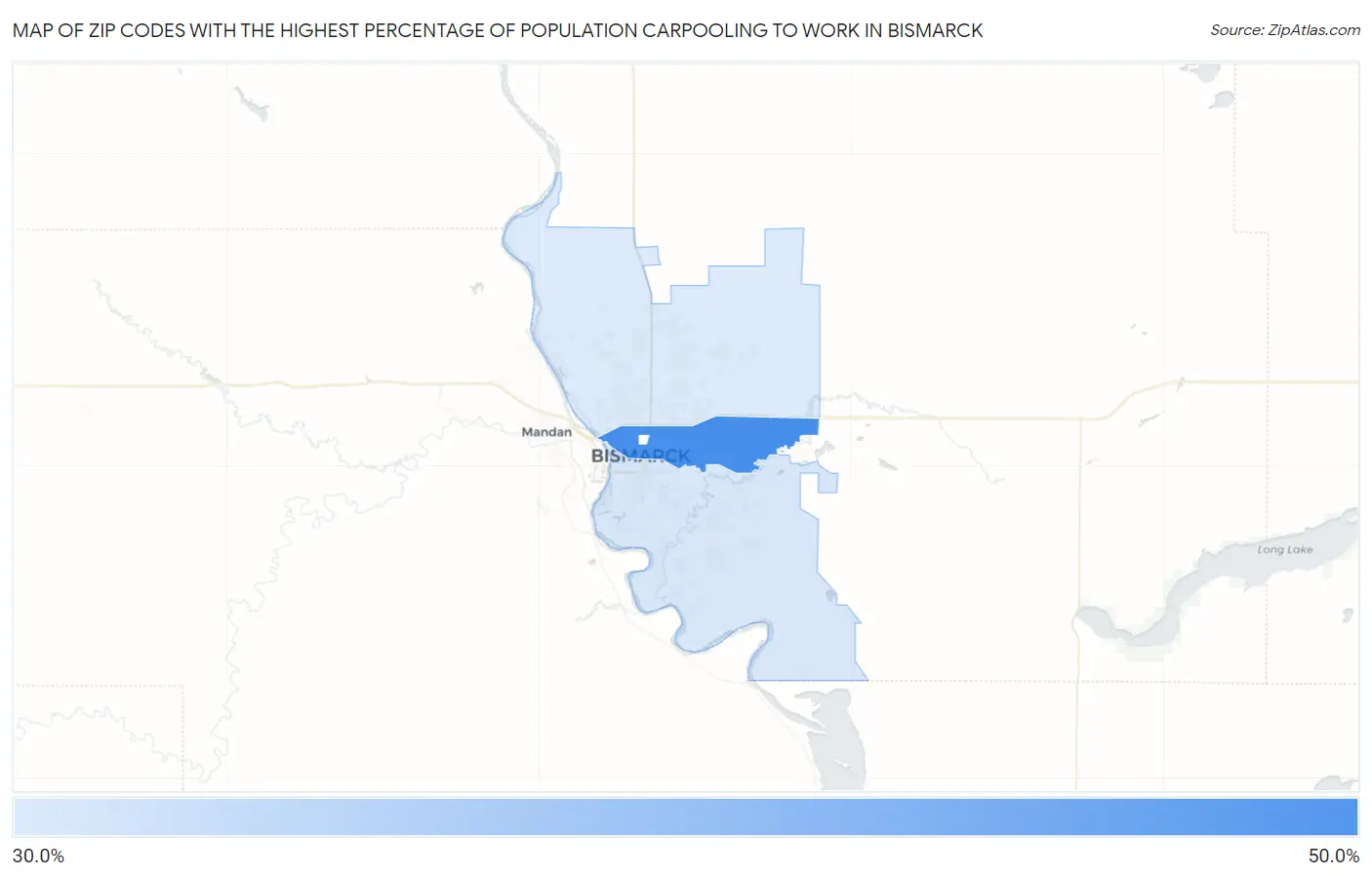 Zip Codes with the Highest Percentage of Population Carpooling to Work in Bismarck Map