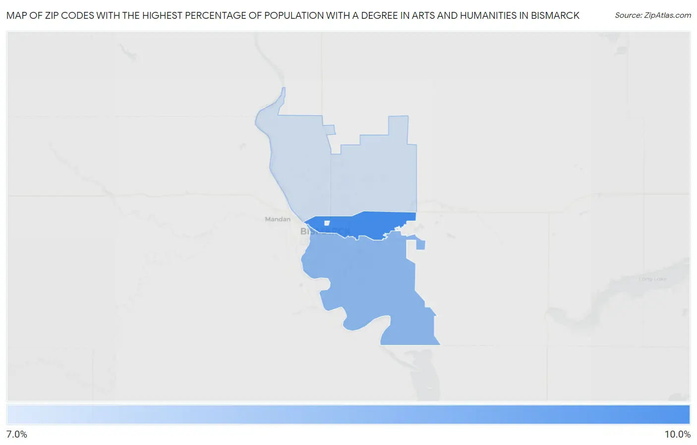 Zip Codes with the Highest Percentage of Population with a Degree in Arts and Humanities in Bismarck Map