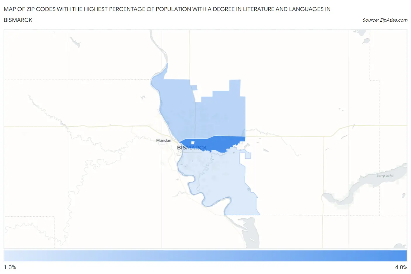 Zip Codes with the Highest Percentage of Population with a Degree in Literature and Languages in Bismarck Map