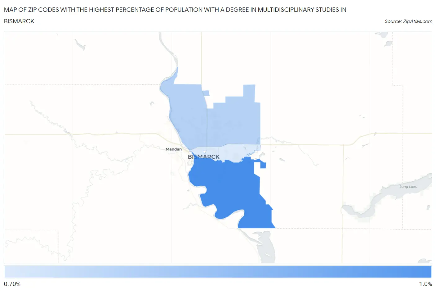 Zip Codes with the Highest Percentage of Population with a Degree in Multidisciplinary Studies in Bismarck Map