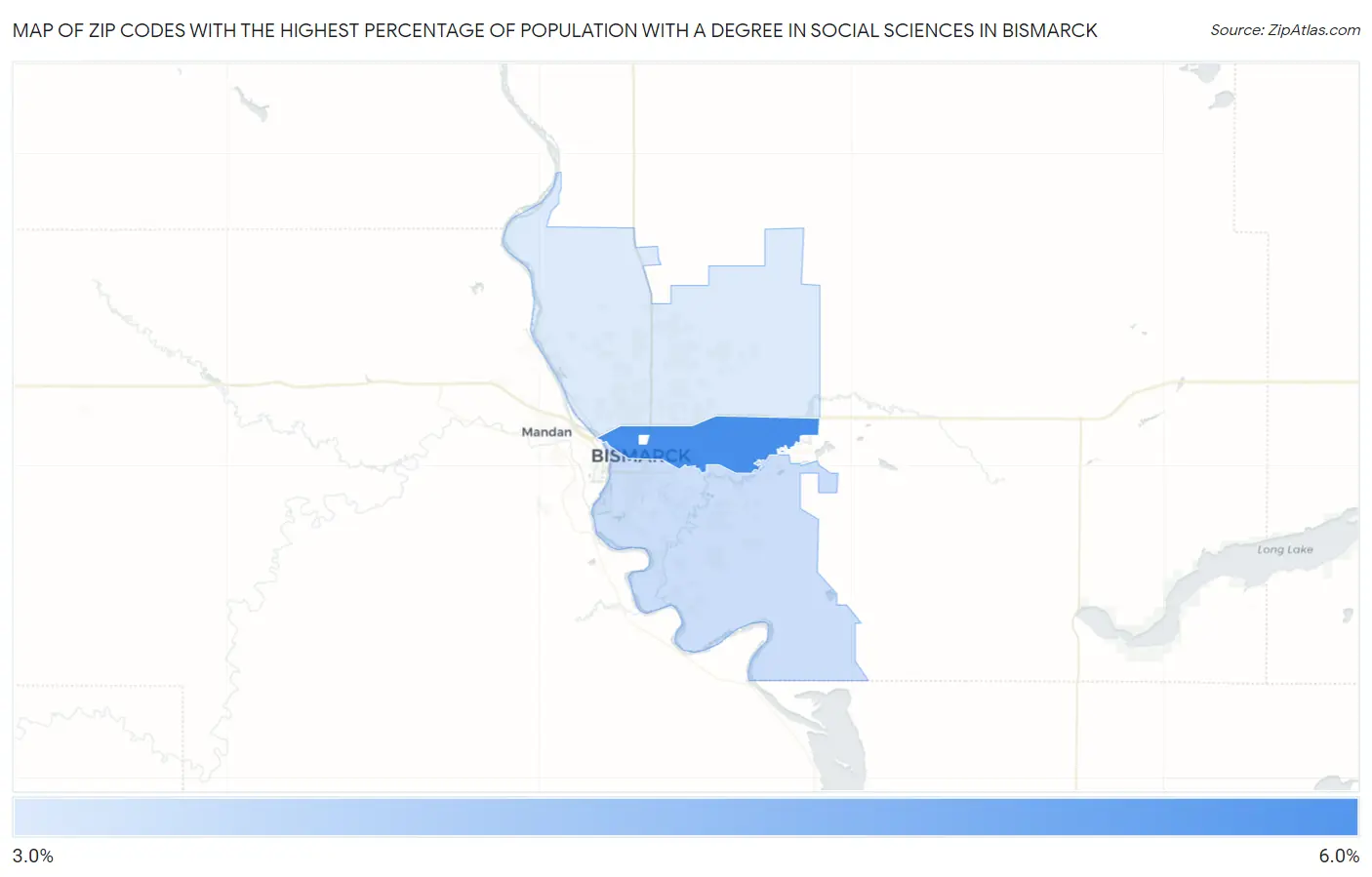 Zip Codes with the Highest Percentage of Population with a Degree in Social Sciences in Bismarck Map