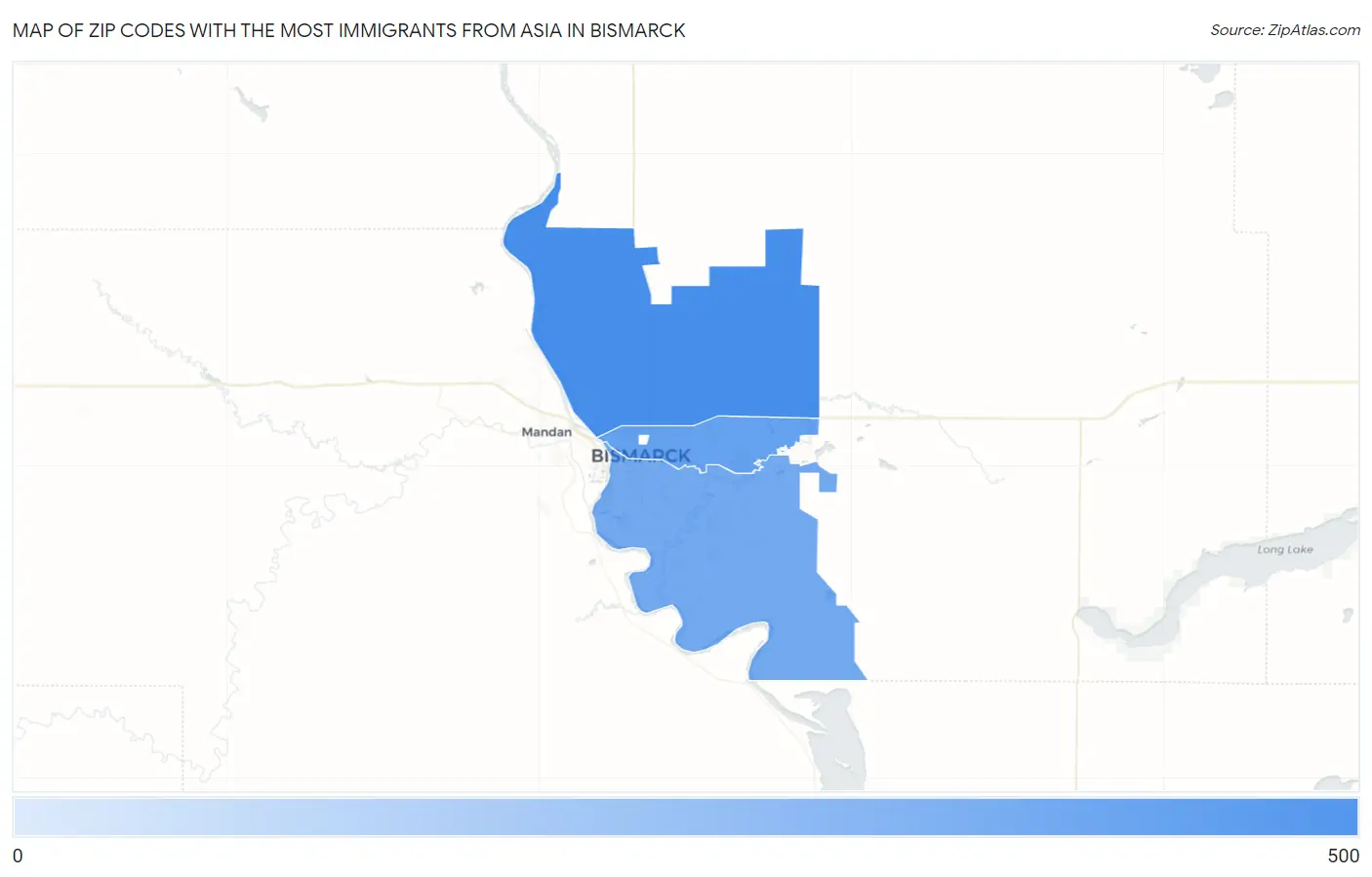 Zip Codes with the Most Immigrants from Asia in Bismarck Map