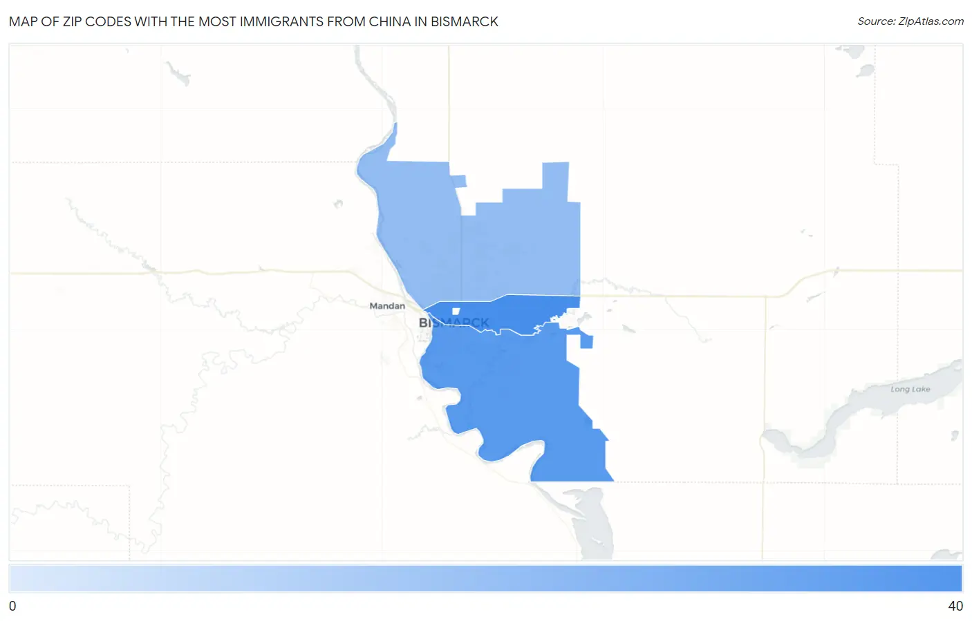 Zip Codes with the Most Immigrants from China in Bismarck Map