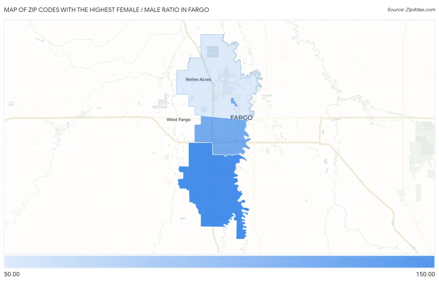 Zip Codes with the Highest Female / Male Ratio in Fargo Map