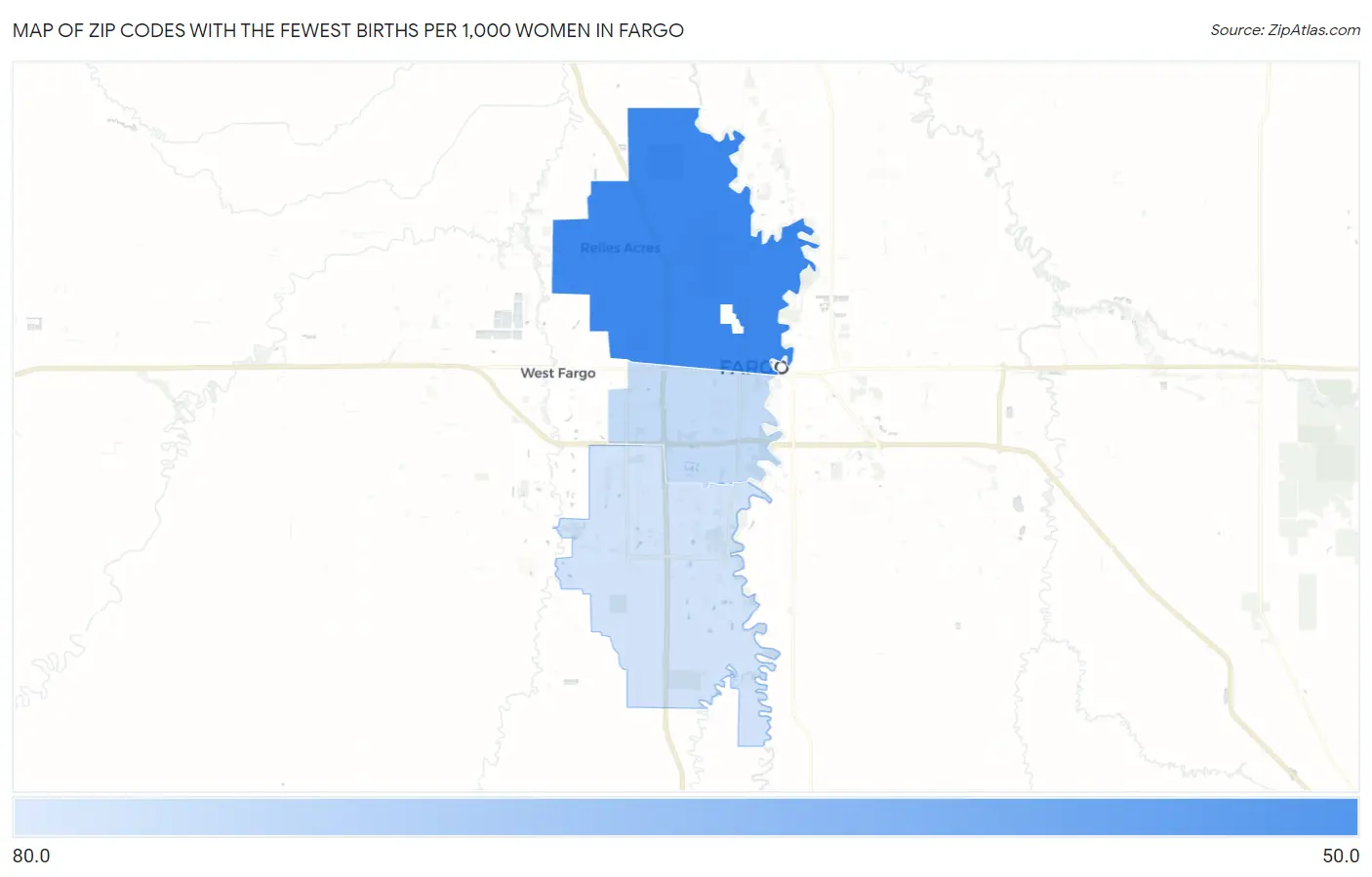 Zip Codes with the Fewest Births per 1,000 Women in Fargo Map