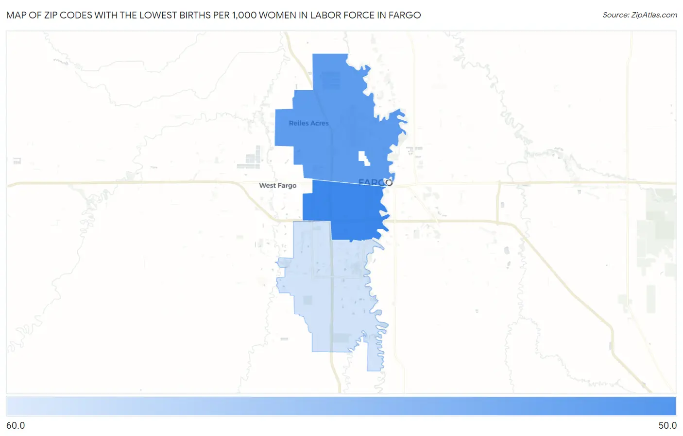Zip Codes with the Lowest Births per 1,000 Women in Labor Force in Fargo Map