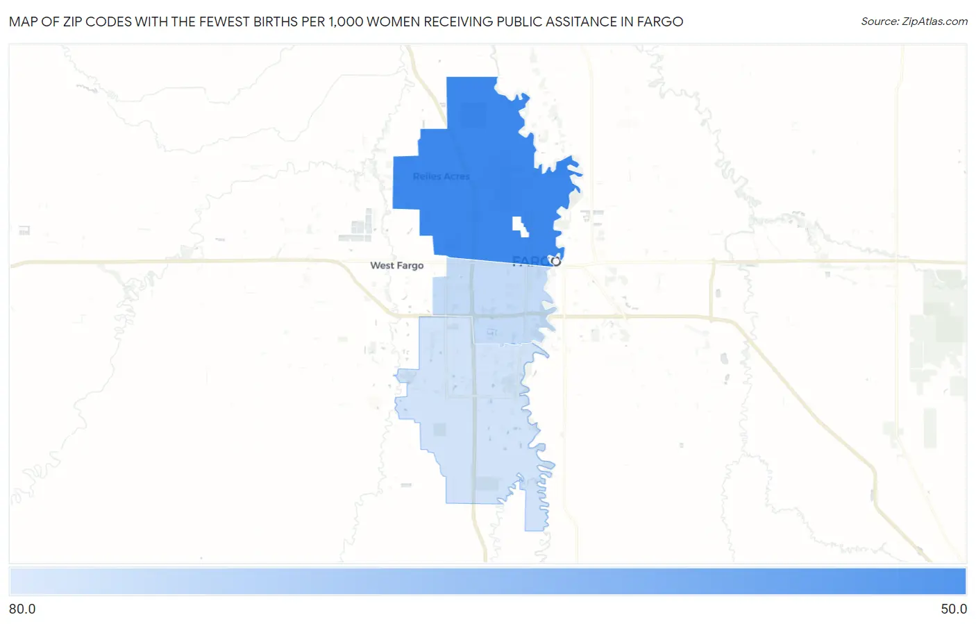 Zip Codes with the Fewest Births per 1,000 Women Receiving Public Assitance in Fargo Map