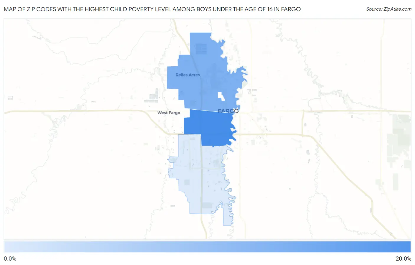 Zip Codes with the Highest Child Poverty Level Among Boys Under the Age of 16 in Fargo Map