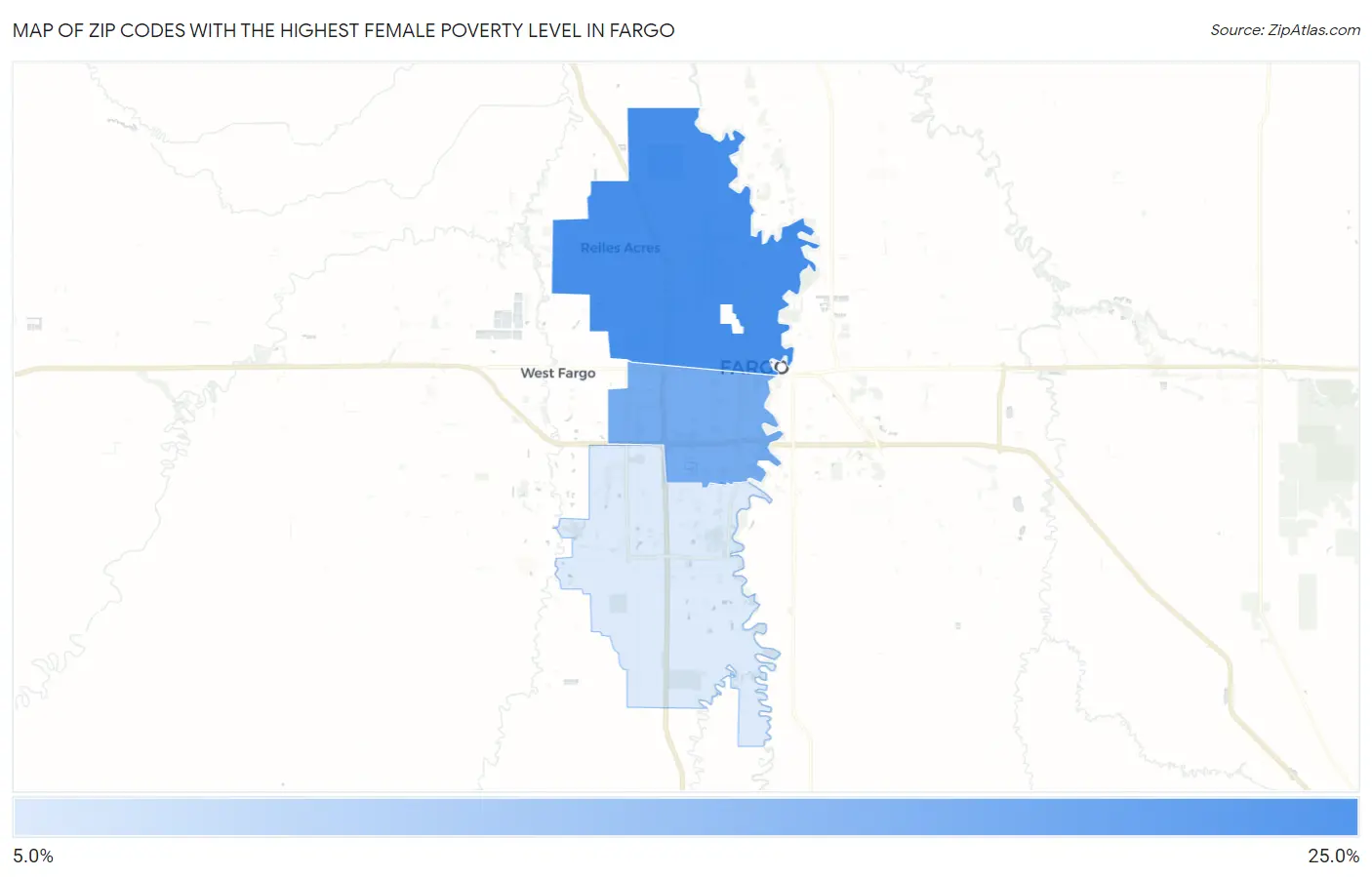 Zip Codes with the Highest Female Poverty Level in Fargo Map