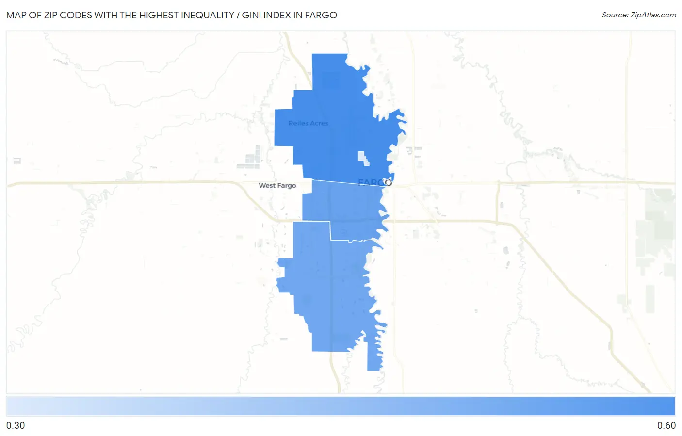 Zip Codes with the Highest Inequality / Gini Index in Fargo Map