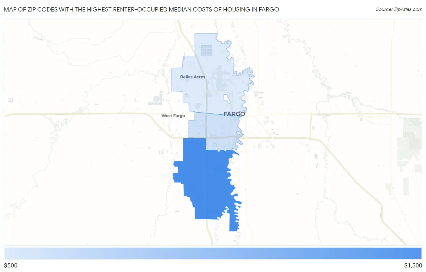 Zip Codes with the Highest Renter-Occupied Median Costs of Housing in Fargo Map