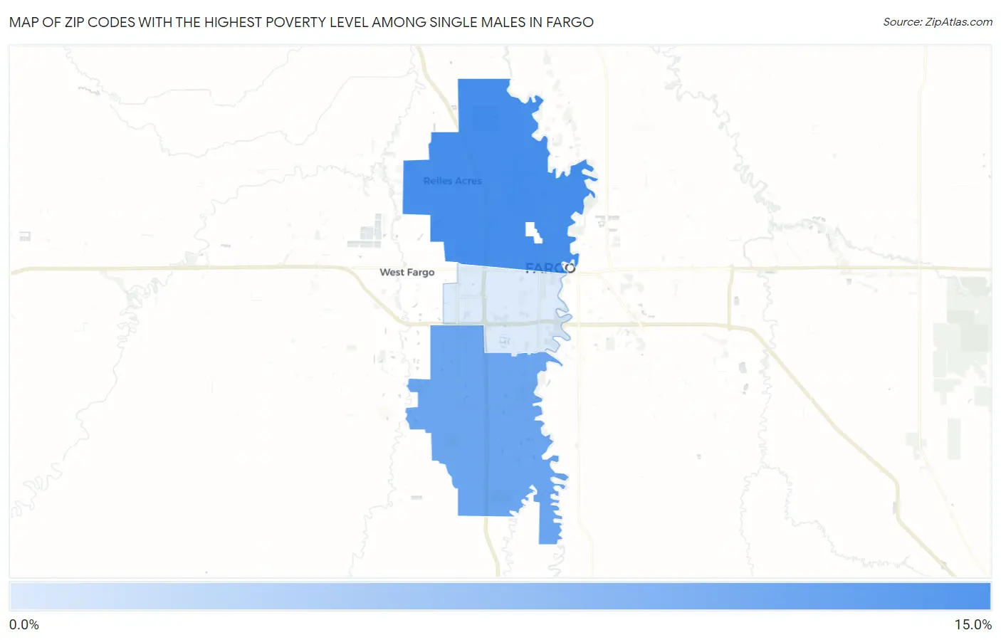 Zip Codes with the Highest Poverty Level Among Single Males in Fargo Map