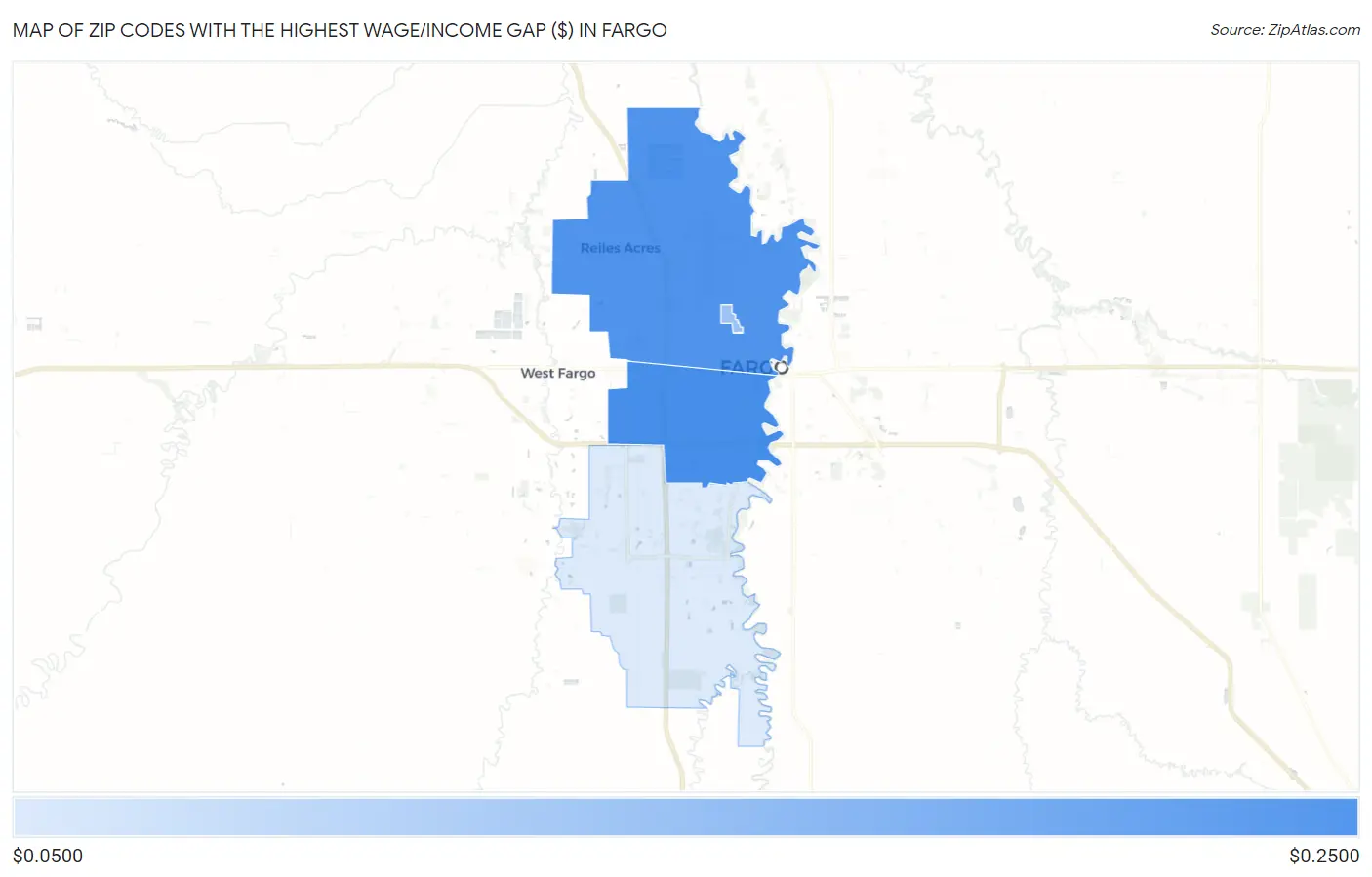 Zip Codes with the Highest Wage/Income Gap ($) in Fargo Map