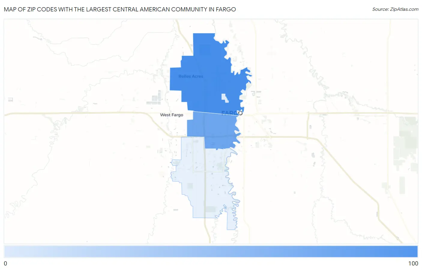 Zip Codes with the Largest Central American Community in Fargo Map