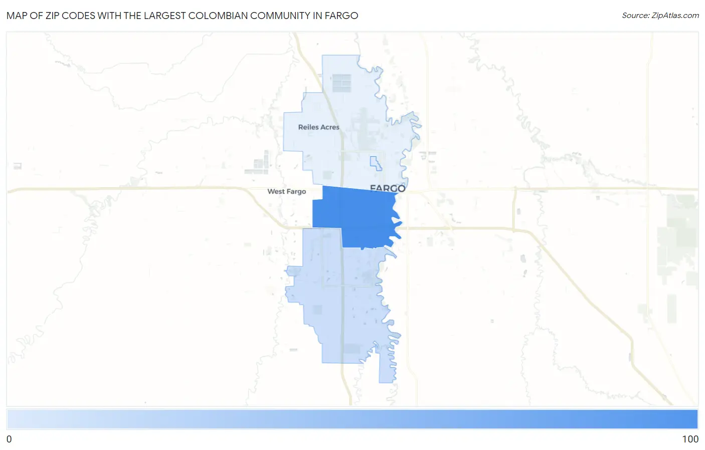 Zip Codes with the Largest Colombian Community in Fargo Map