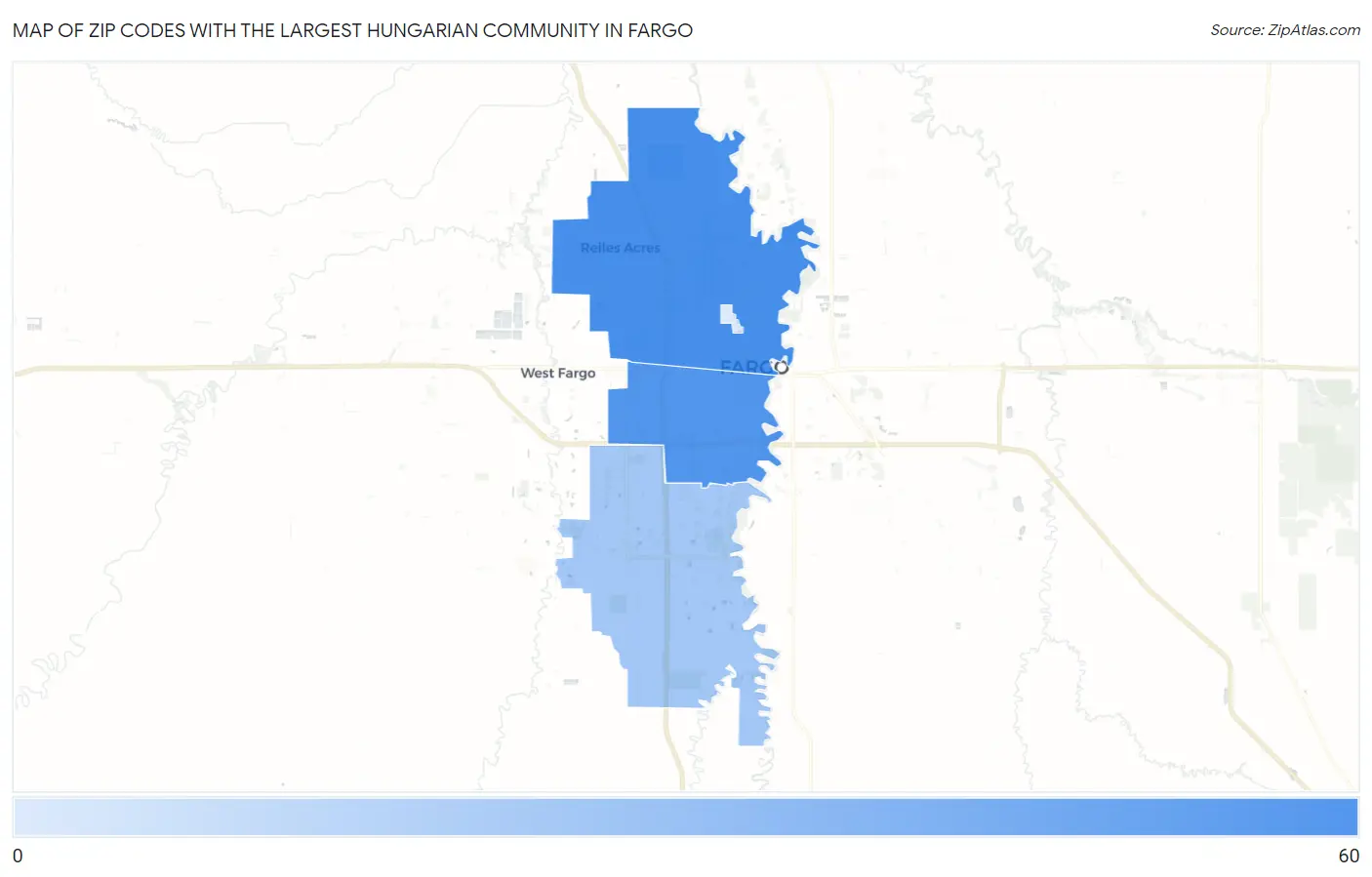 Zip Codes with the Largest Hungarian Community in Fargo Map
