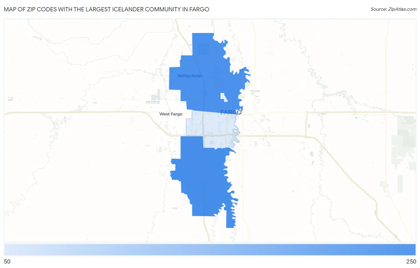 Zip Codes with the Largest Icelander Community in Fargo Map