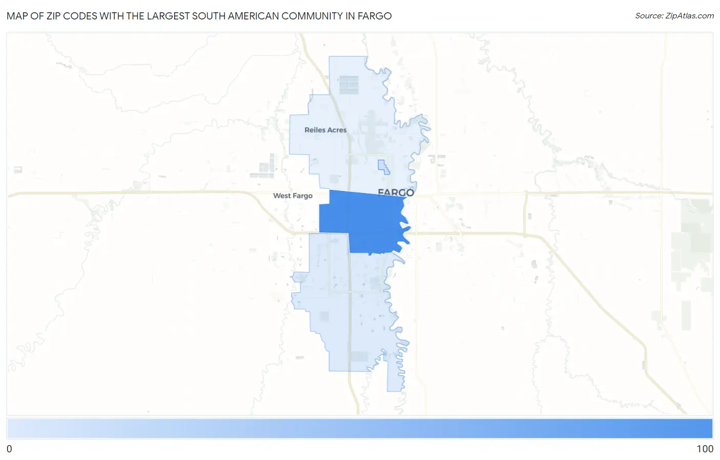 Zip Codes with the Largest South American Community in Fargo Map