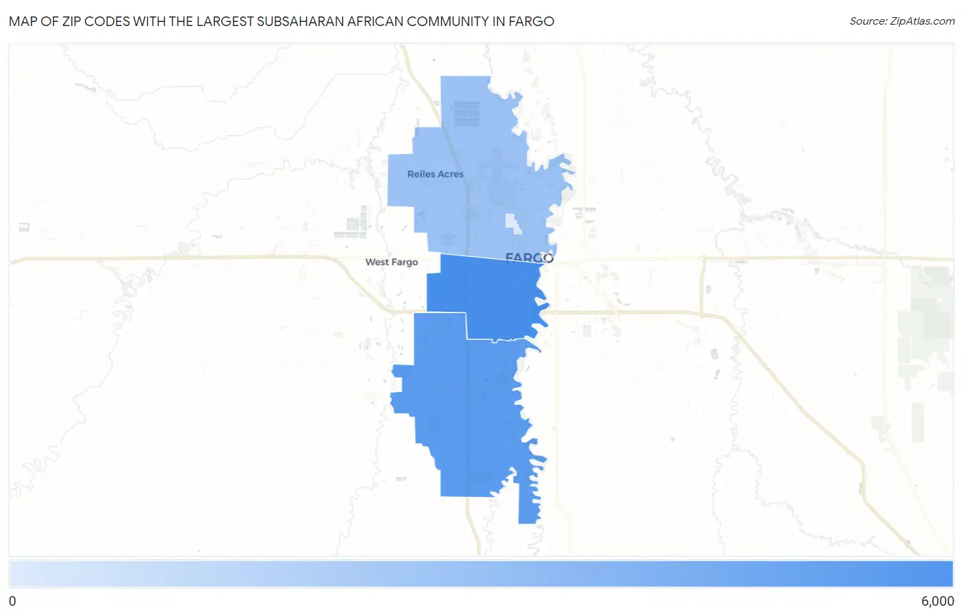 Zip Codes with the Largest Subsaharan African Community in Fargo Map