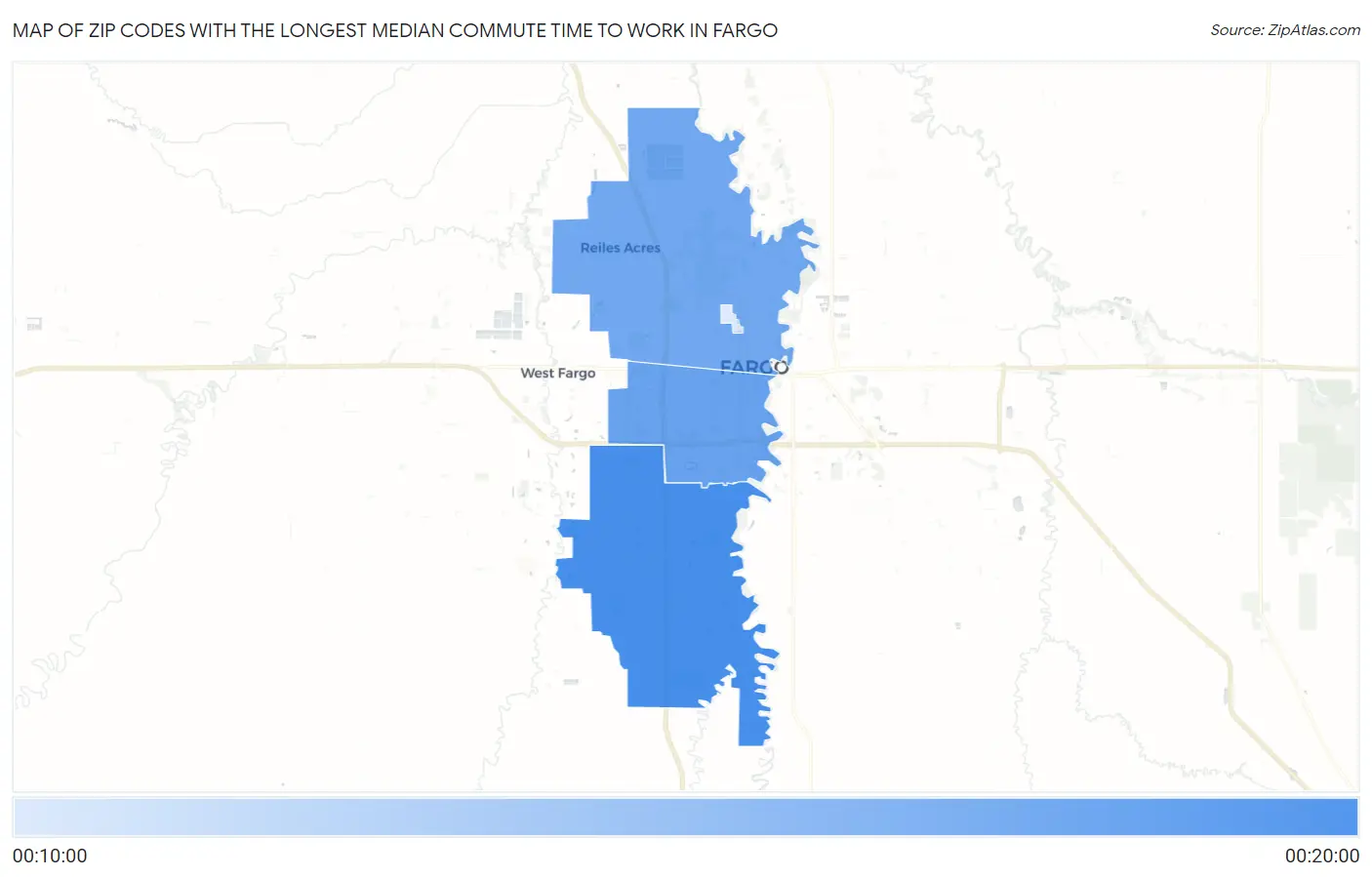 Zip Codes with the Longest Median Commute Time to Work in Fargo Map